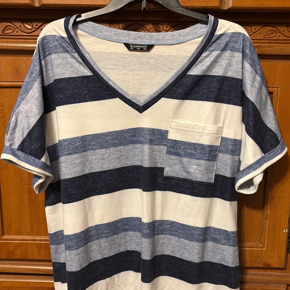 BloomChic Navy & White Striped V-Neck Pocket Blouse